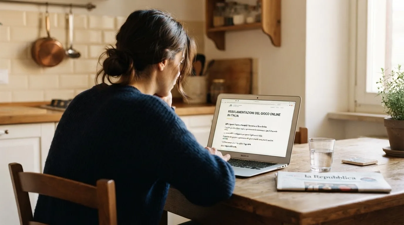 Persona davanti a un portatile che legge una pagina informativa sul gioco online in Italia — 100 giri gratis senza deposito