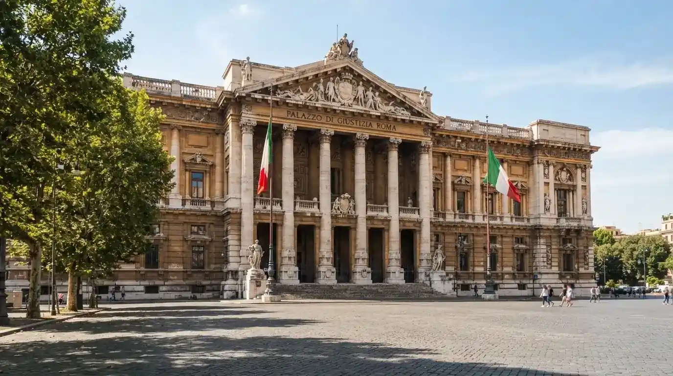 Palazzo istituzionale con bandiere al vento in una piazza soleggiata — 100 giri gratis senza deposito