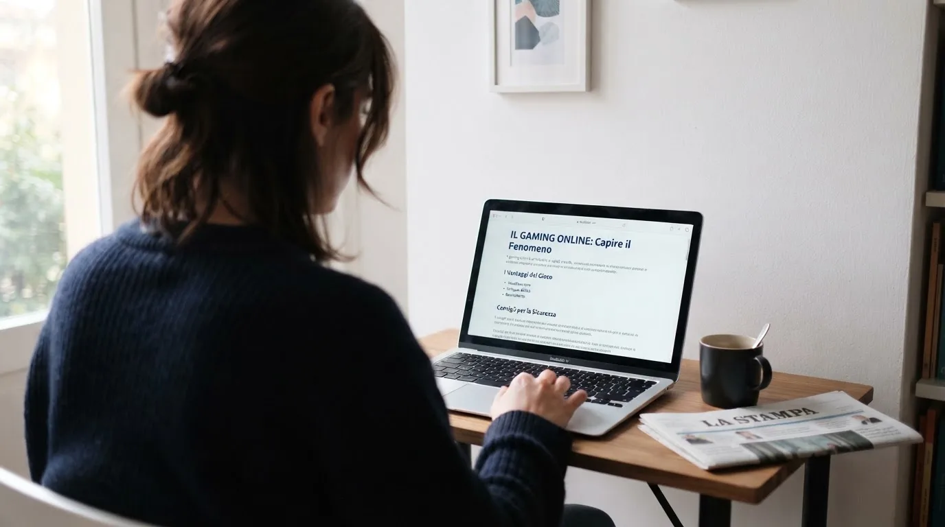 Persona davanti a un portatile che legge una pagina informativa sul gioco online in Italia — 25, 30, 50, 100, 200 giri gratis senza deposito
