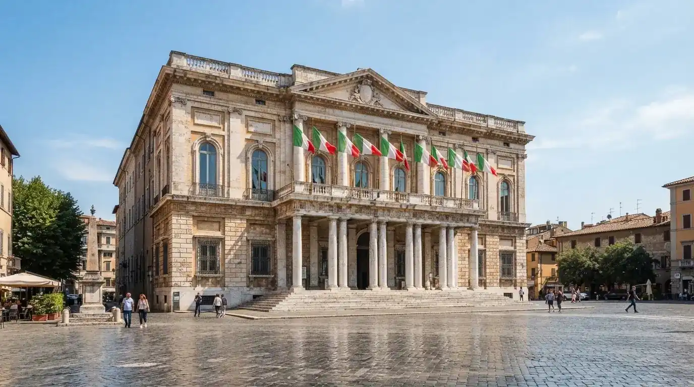 Palazzo istituzionale con bandiere al vento in una piazza soleggiata — 25, 30, 50, 100, 200 giri gratis senza deposito
