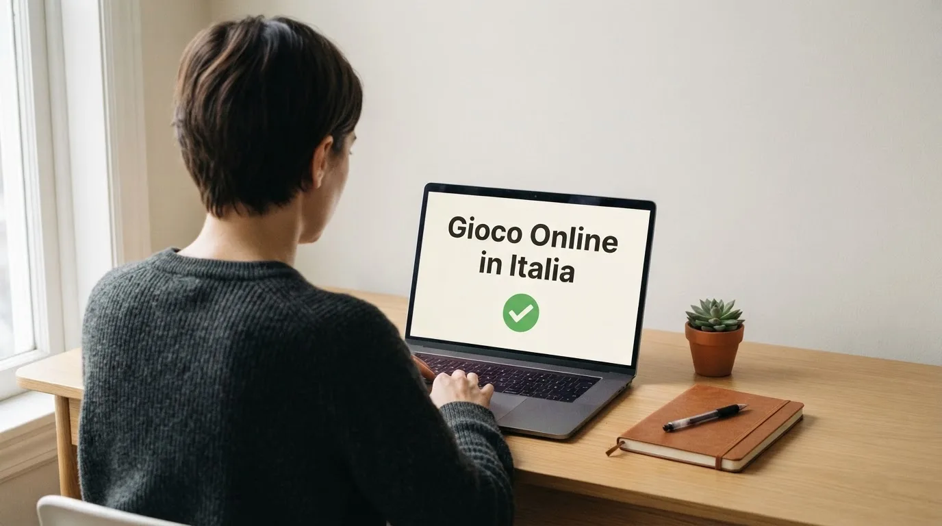 Persona davanti a un portatile che legge una pagina informativa sul gioco online in Italia — 50 free spins senza deposito