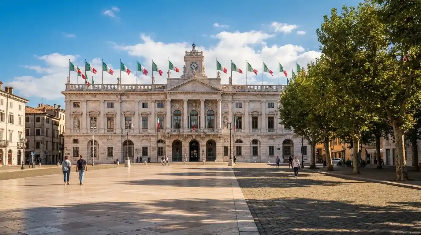 Palazzo istituzionale con bandiere al vento in una piazza soleggiata — 50 free spins senza deposito