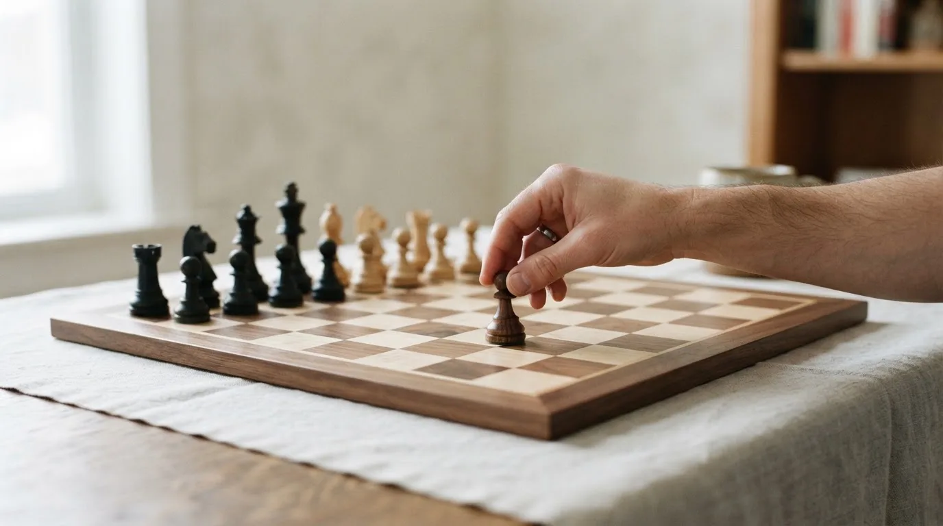 Una mano dispone pedine di scacchi in ordine su una scacchiera di legno in una stanza silenziosa.