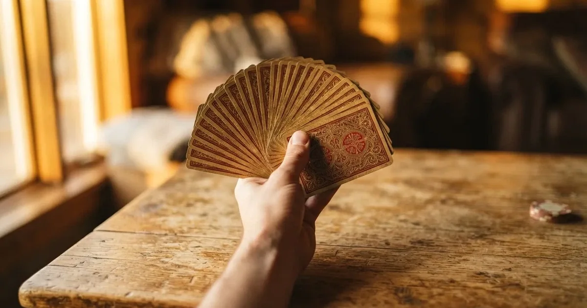 Una persona impugna un mazzo di carte da gioco su un tavolo in legno illuminato da luce naturale.