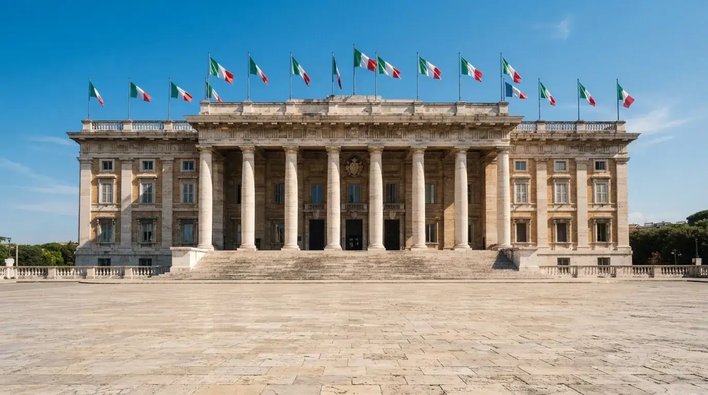 Palazzo istituzionale con bandiere al vento in una piazza soleggiata — big time gaming live casino italia