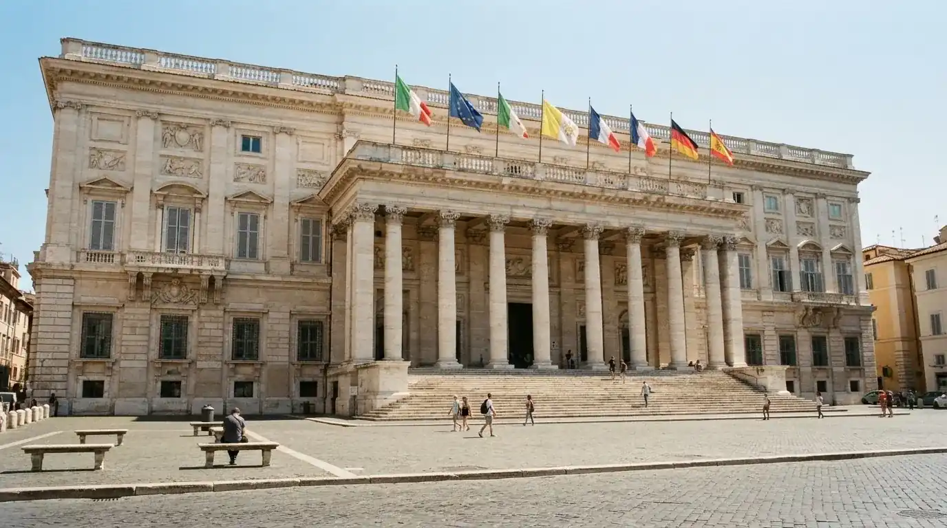 Palazzo istituzionale con bandiere al vento in una piazza soleggiata — casinò che accettano bitcoin