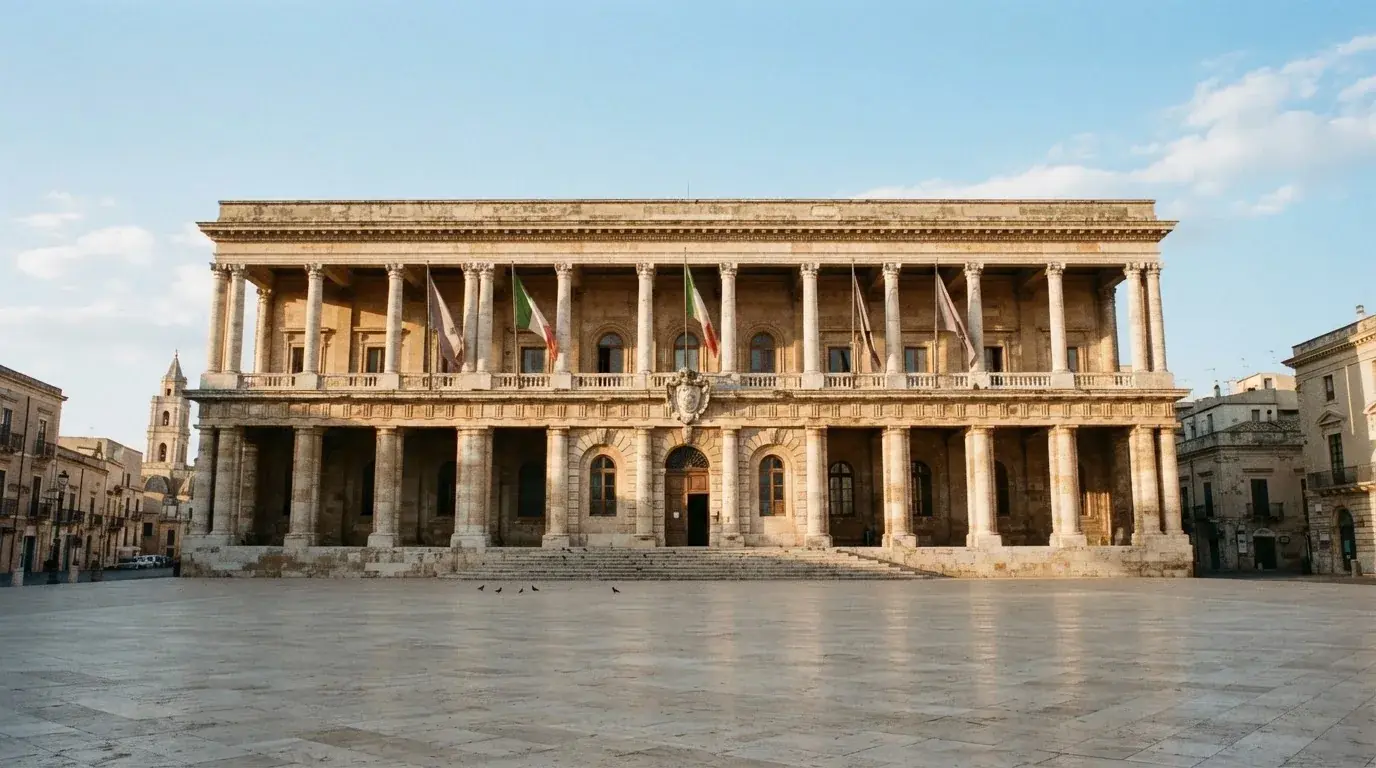 Palazzo istituzionale con bandiere al vento in una piazza soleggiata — casino com app android