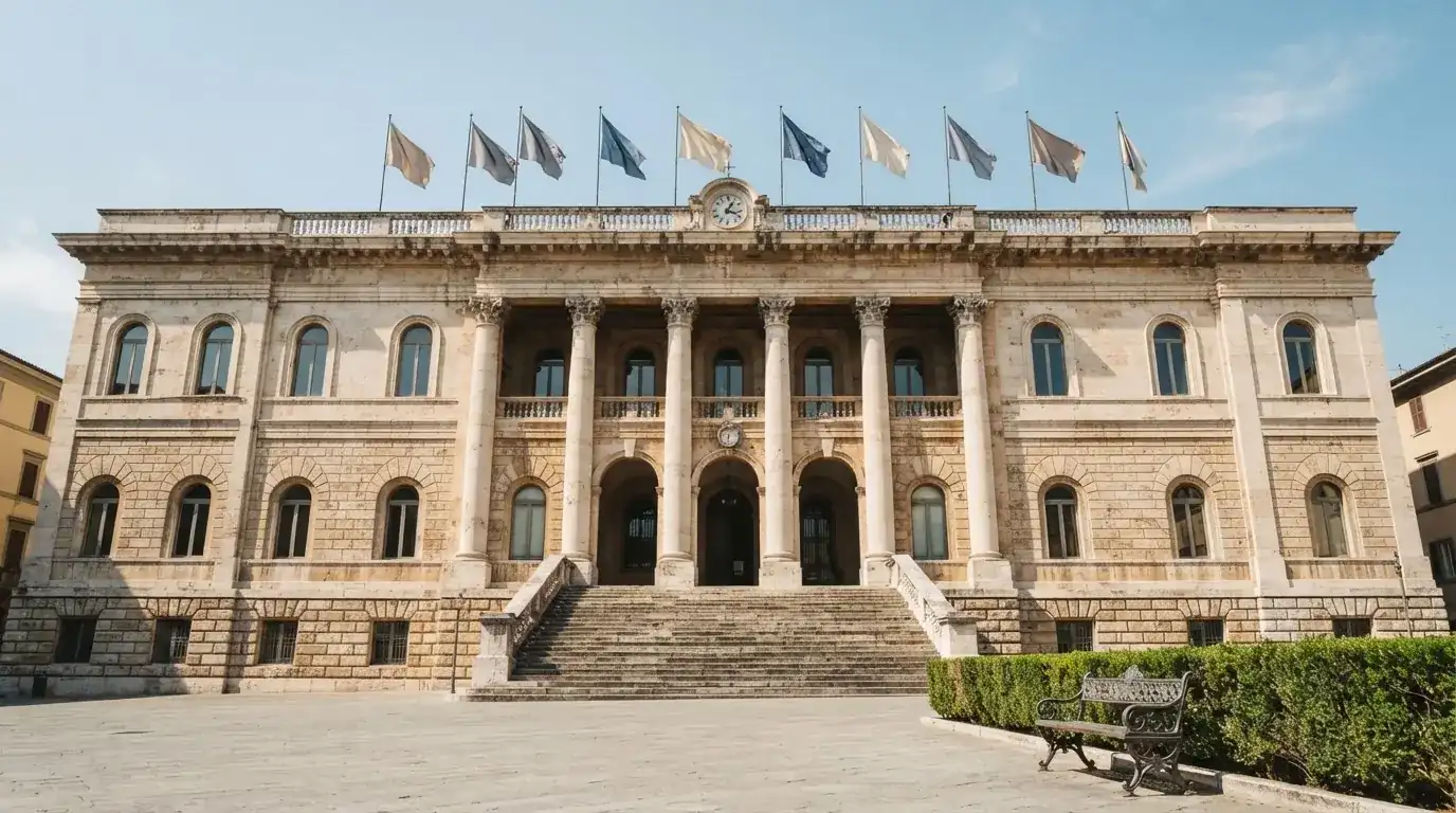 Palazzo istituzionale con bandiere al vento in una piazza soleggiata — casino com app iphone