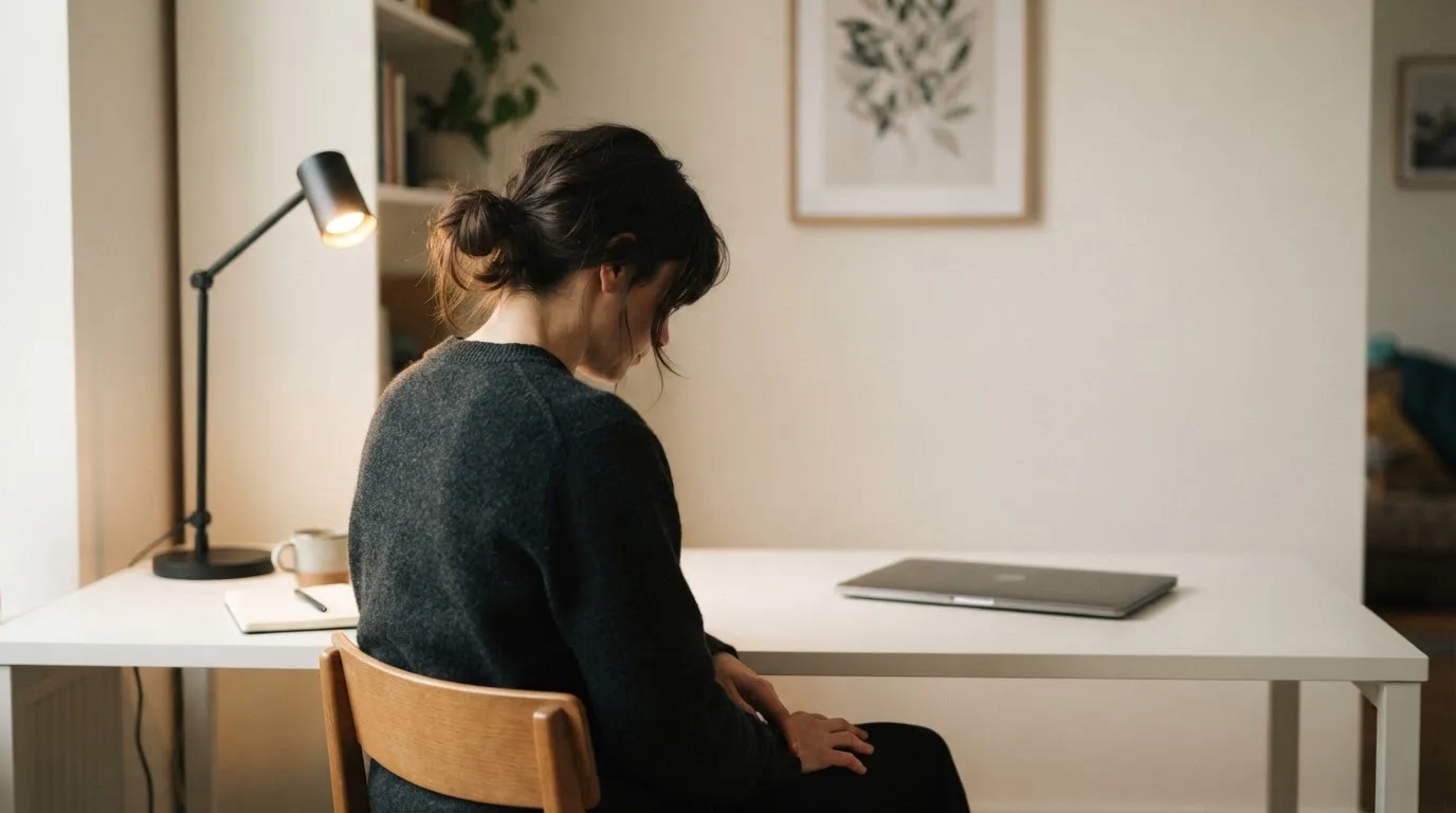 Una persona seduta a una scrivania minimalista con un laptop chiuso e una lampada accesa in un ufficio domestico ordinato.