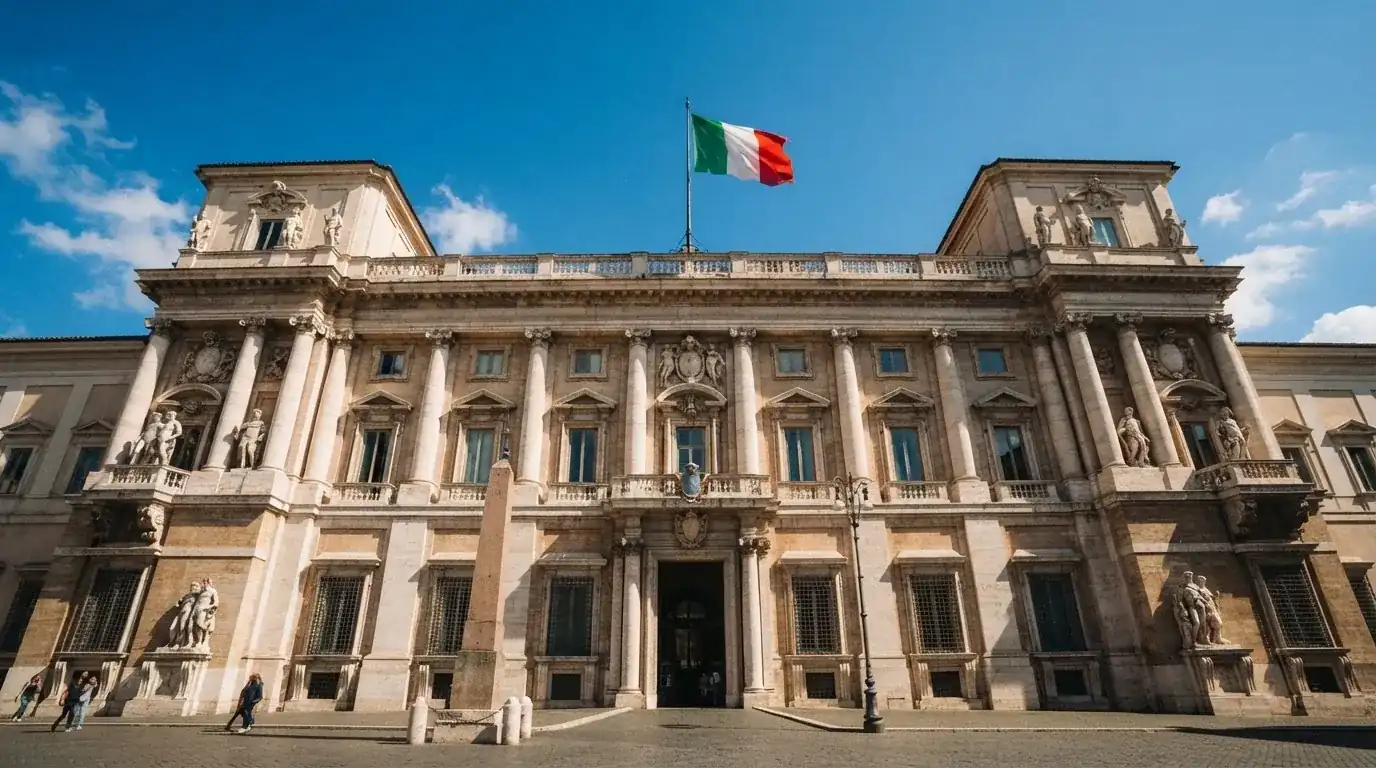 Un edificio governativo italiano con bandiera al vento fotografato dal basso in una giornata di sole.