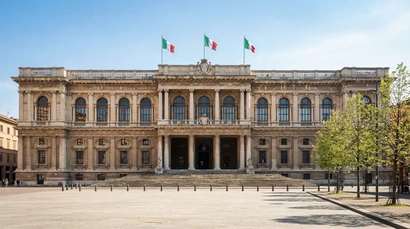Palazzo istituzionale con bandiere al vento in una piazza soleggiata — casino dal vivo online