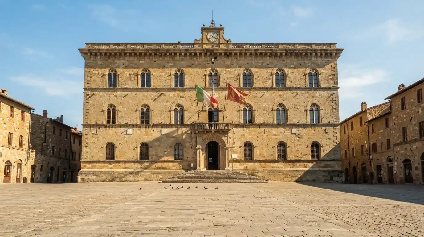 Palazzo istituzionale con bandiere al vento in una piazza soleggiata — casino deposito minimo 1, 5, 10 e 20 euro