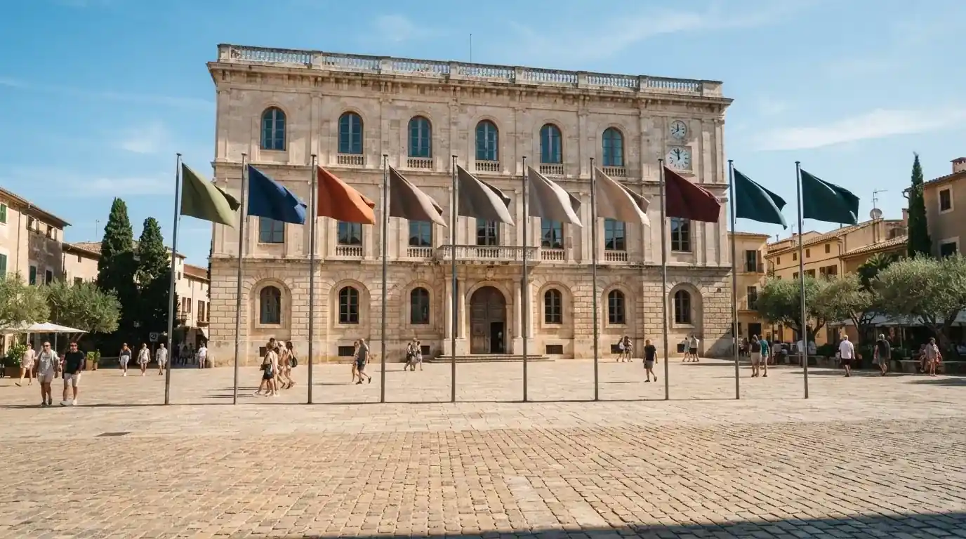 Palazzo istituzionale con bandiere al vento in una piazza soleggiata — casino deposito minimo 1 euro