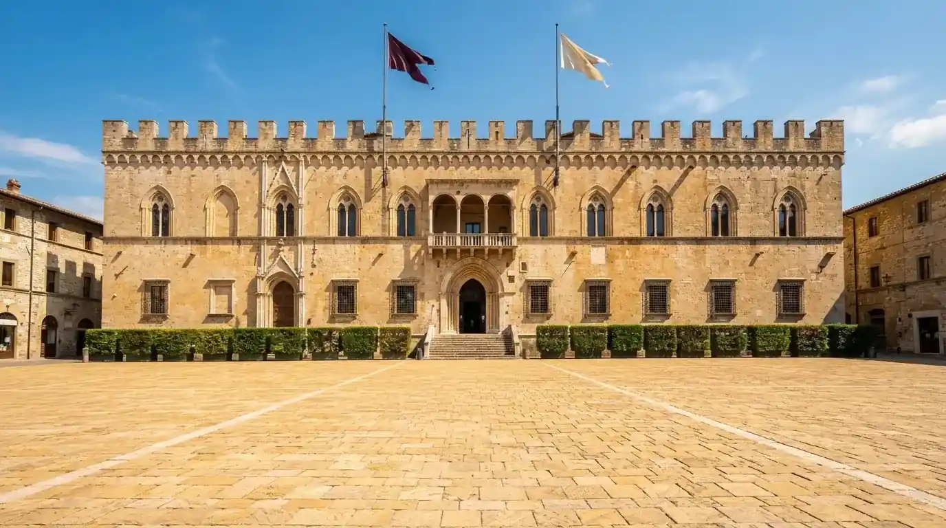 Palazzo istituzionale con bandiere al vento in una piazza soleggiata — casino deposito minimo 10 centesimi