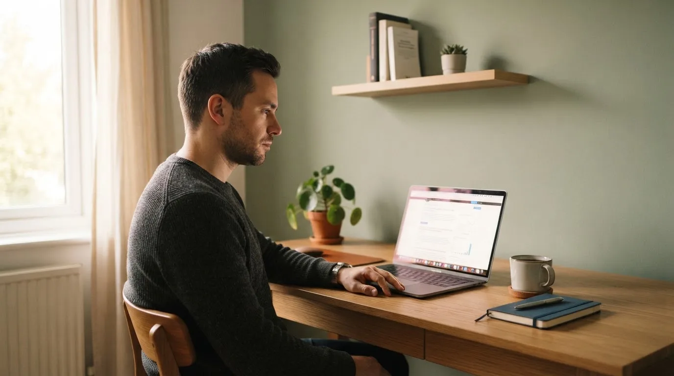 Un uomo seduto alla scrivania osserva pensieroso il monitor di un computer portatile, in una stanza ordinata con una tazza di caffè accanto.