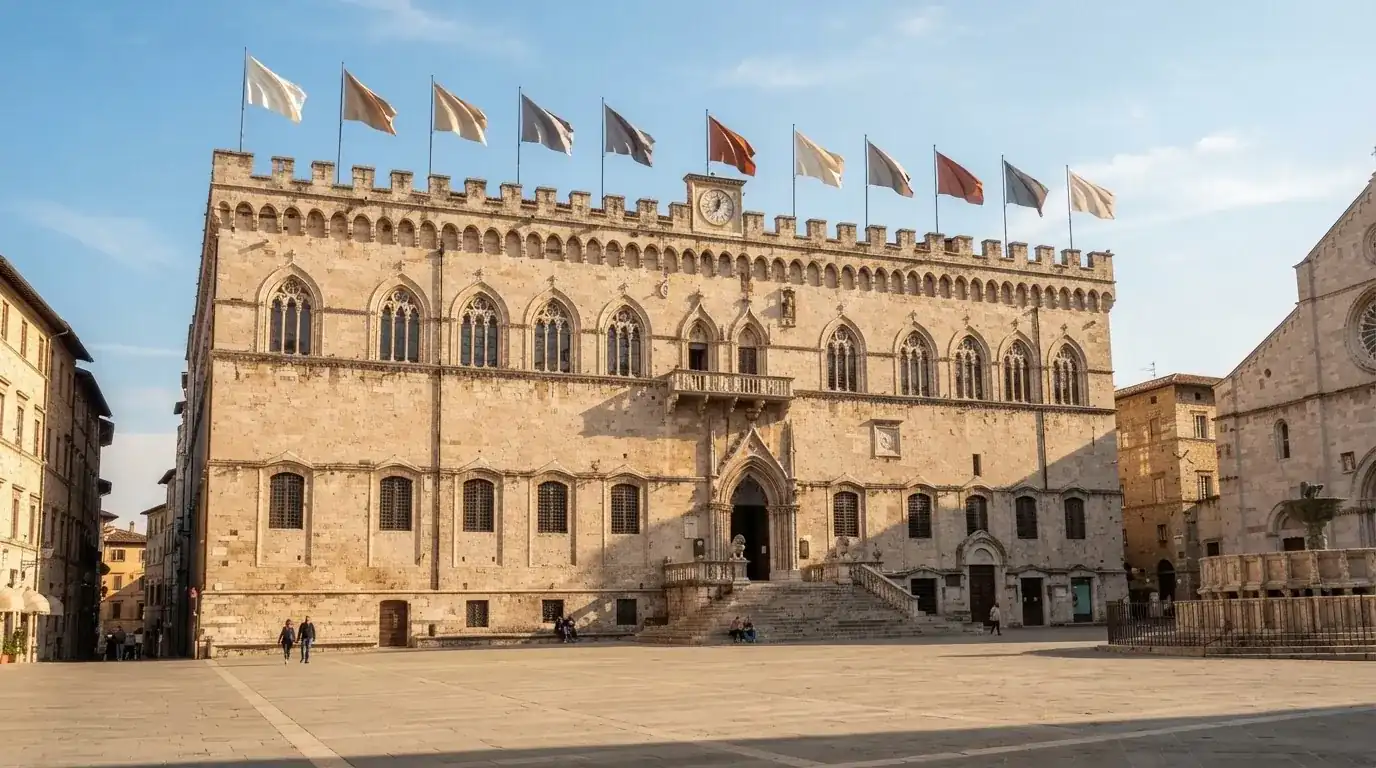 Palazzo istituzionale con bandiere al vento in una piazza soleggiata — casino metodi di pagamento italia