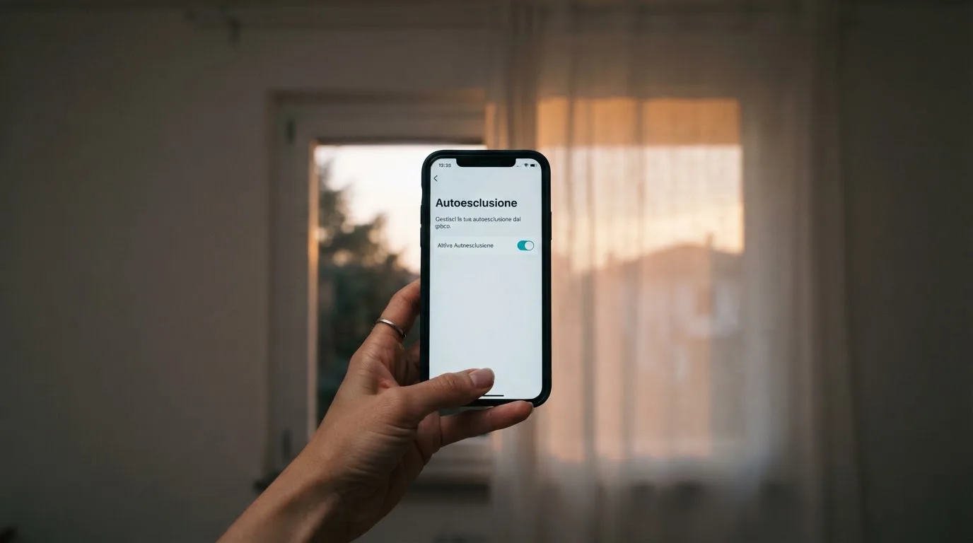 Mano che tiene uno smartphone accanto a una finestra, luce serale tranquilla — casino no adm
