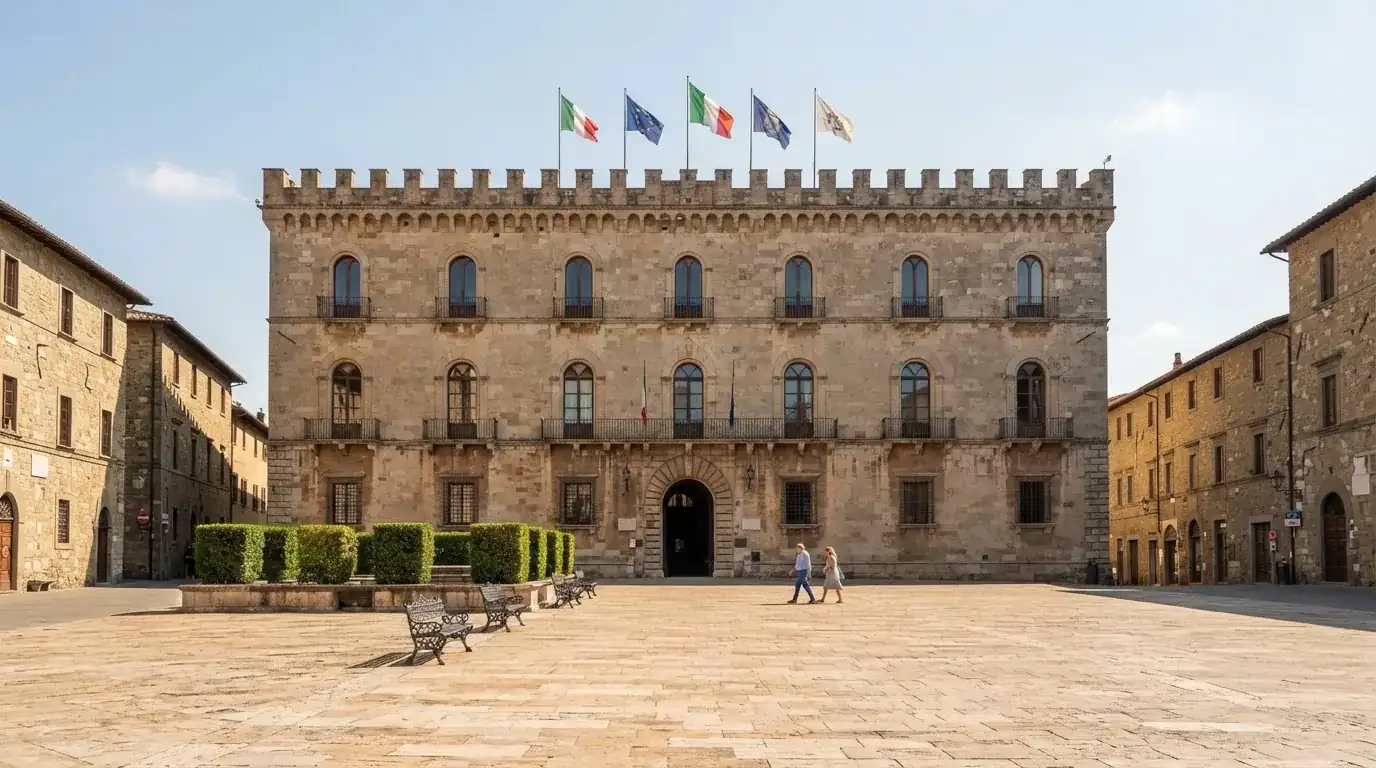 Palazzo istituzionale con bandiere al vento in una piazza soleggiata — casino non aams affidabili