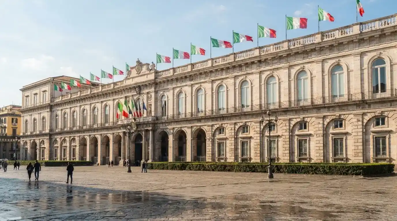 Palazzo istituzionale con bandiere al vento in una piazza soleggiata — casinò non aams che accettano dogecoin