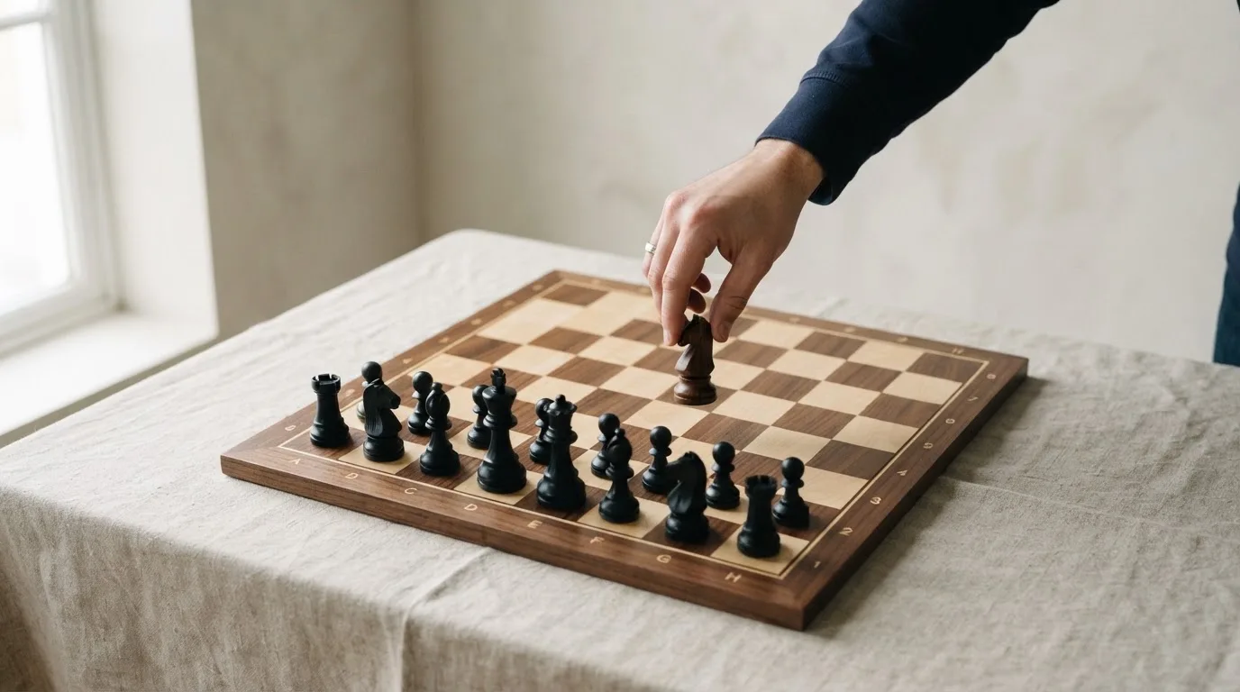 Una mano dispone pedine di scacchi in ordine su una scacchiera di legno in una stanza silenziosa.