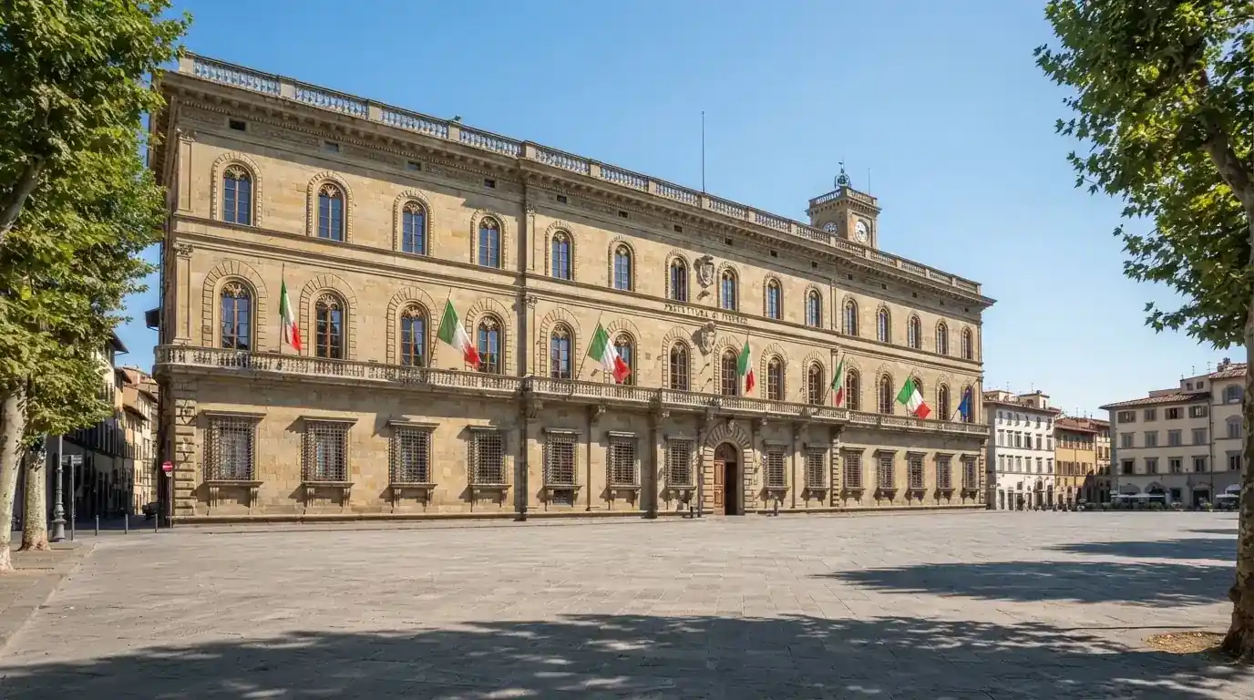 Palazzo istituzionale con bandiere al vento in una piazza soleggiata — casino non aams che accettano postepay