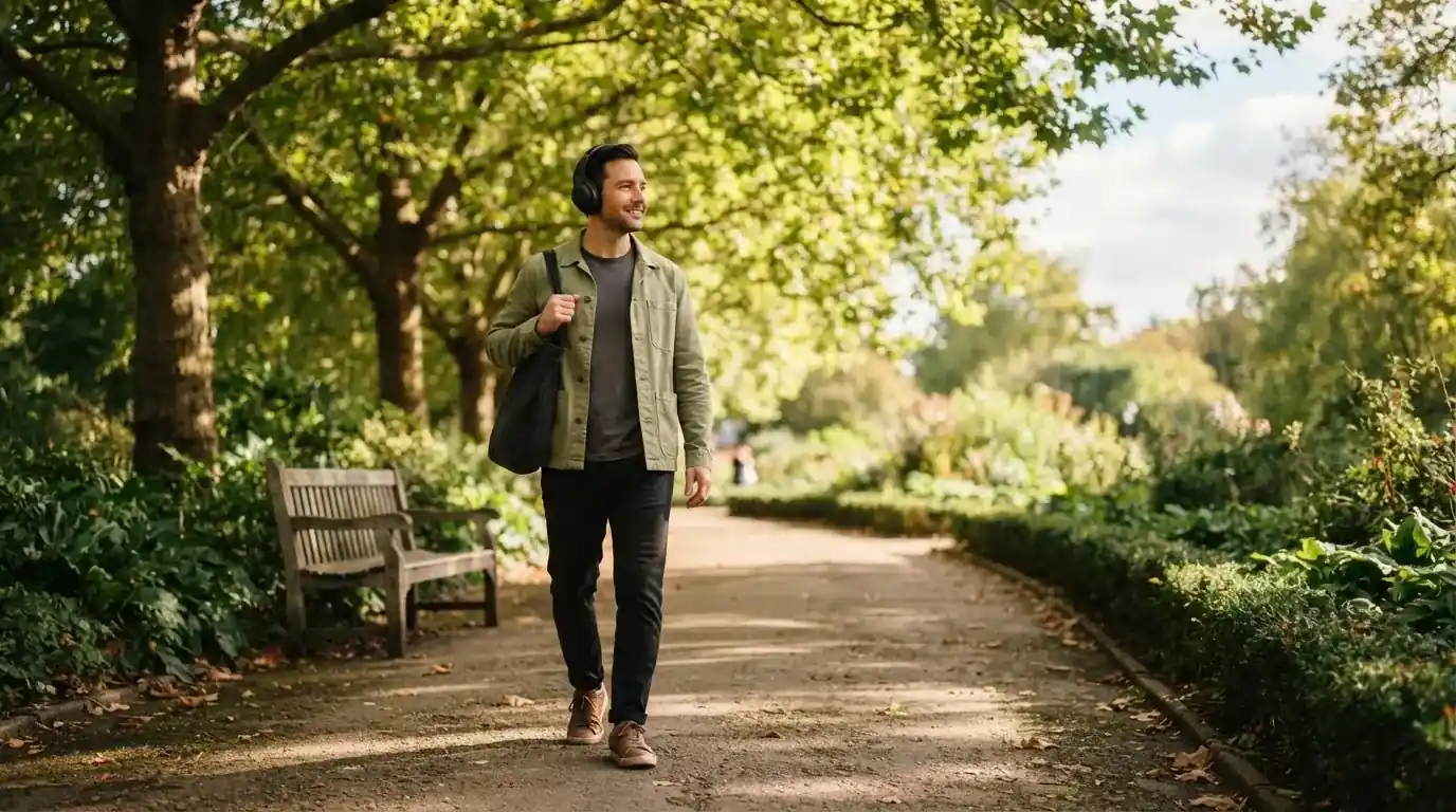 Un uomo cammina all'aperto in un parco cittadino indossando cuffie, lontano da qualsiasi dispositivo elettronico acceso.