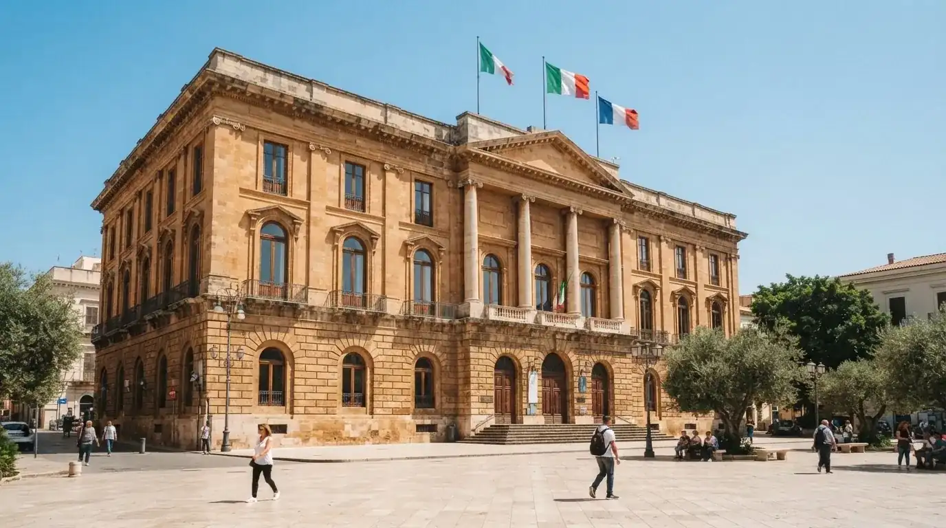 Palazzo istituzionale con bandiere al vento in una piazza soleggiata — casino online con algoritmo unbiased