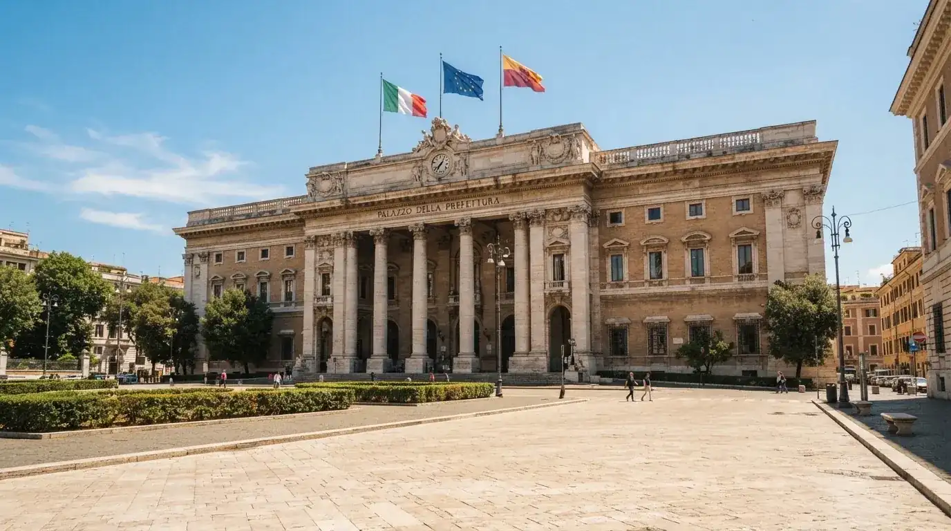 Palazzo istituzionale con bandiere al vento in una piazza soleggiata — casino online con cie