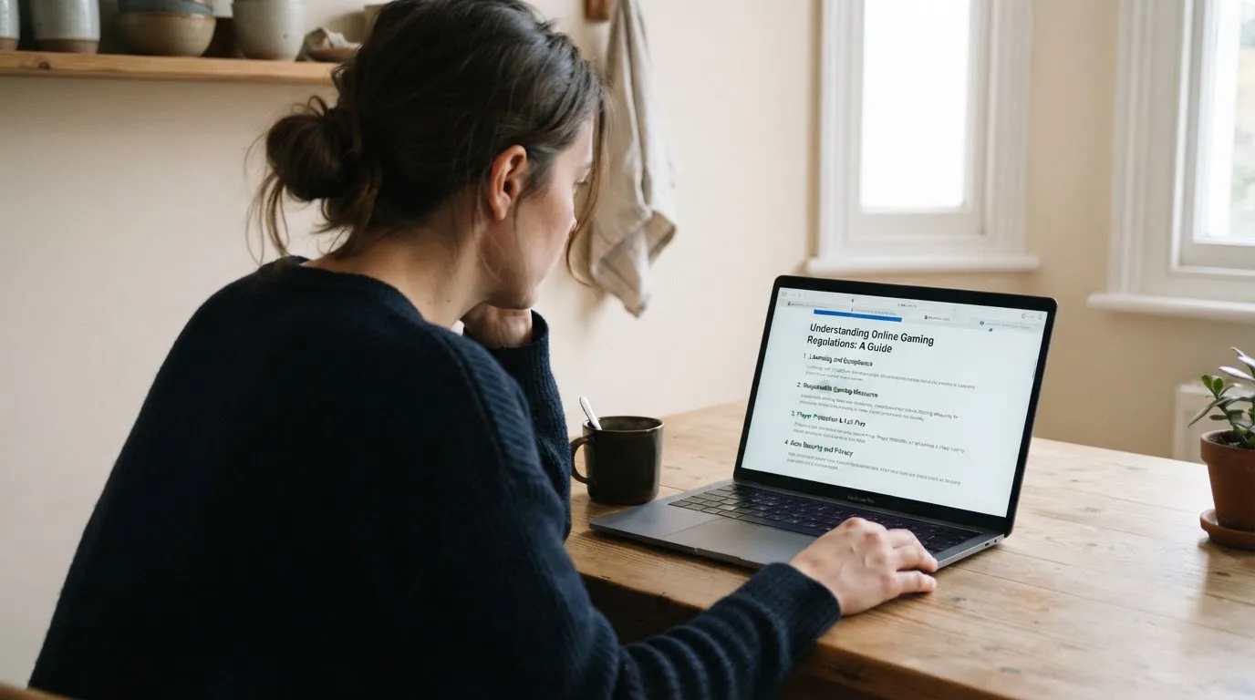 Persona davanti a un portatile che legge una pagina informativa sul gioco online in Italia — casino online con soldi finti