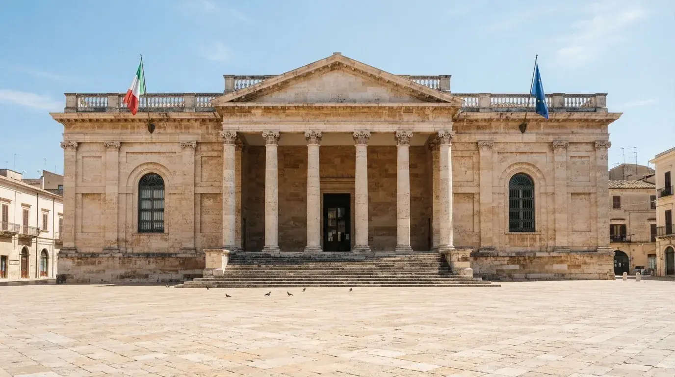 Palazzo istituzionale con bandiere al vento in una piazza soleggiata — casino online con soldi finti