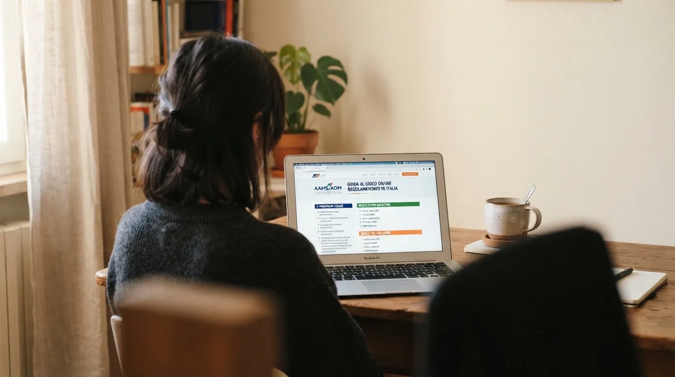 Persona davanti a un portatile che legge una pagina informativa sul gioco online in Italia — casino online italiani autorizzati aams