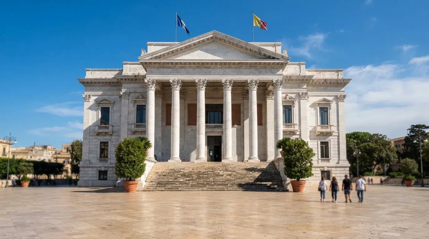 Palazzo istituzionale con bandiere al vento in una piazza soleggiata — casino online italiani senza autoesclusione