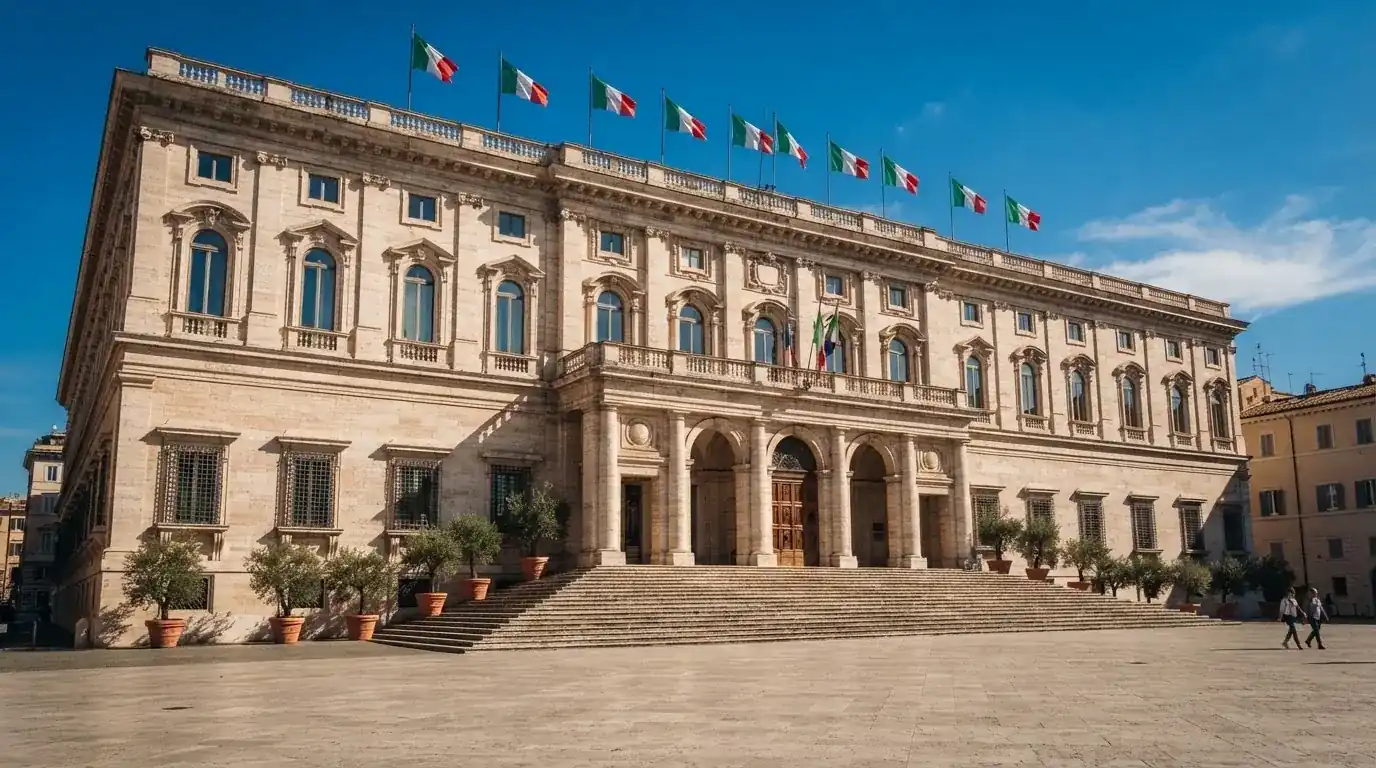 Palazzo istituzionale con bandiere al vento in una piazza soleggiata — casino online senza registrazione