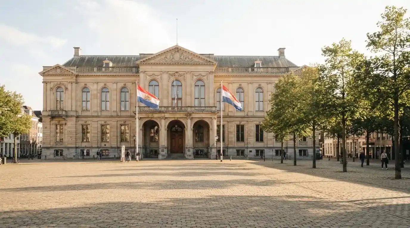 Palazzo istituzionale con bandiere al vento in una piazza soleggiata — casino senza codice fiscale