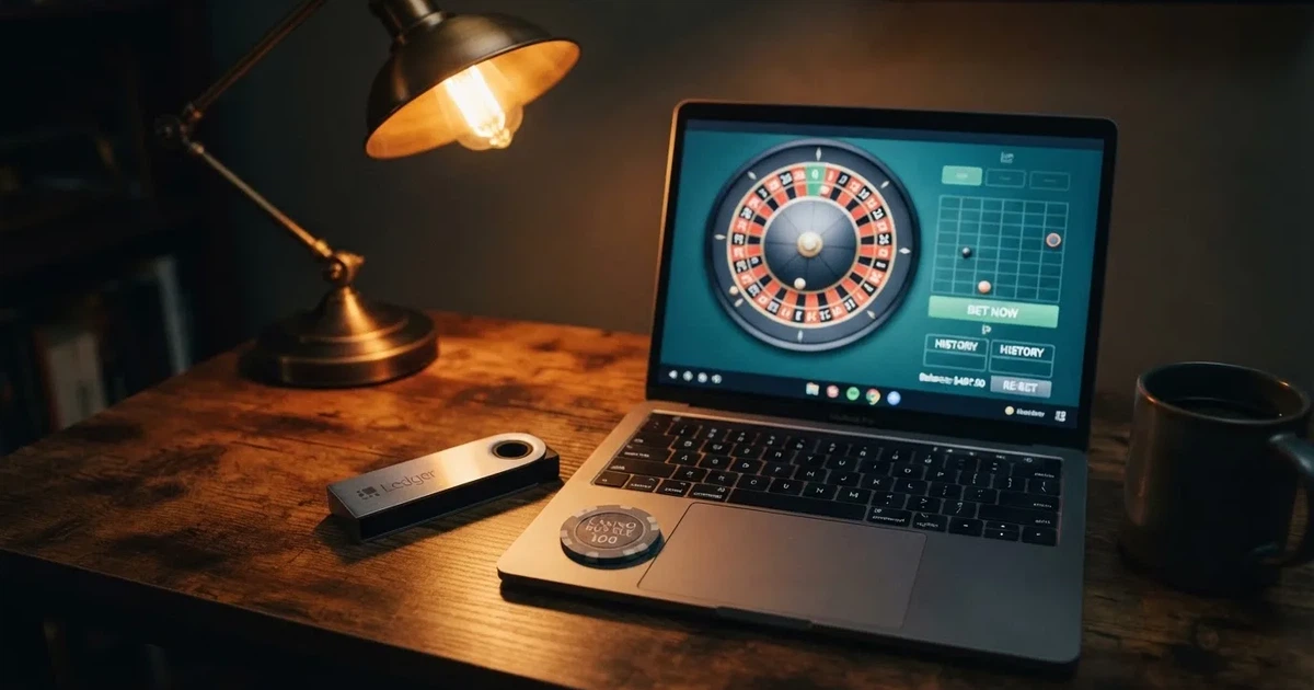 Portafoglio hardware accanto a un portatile su una scrivania scura con lampada — casino senza codice fiscale