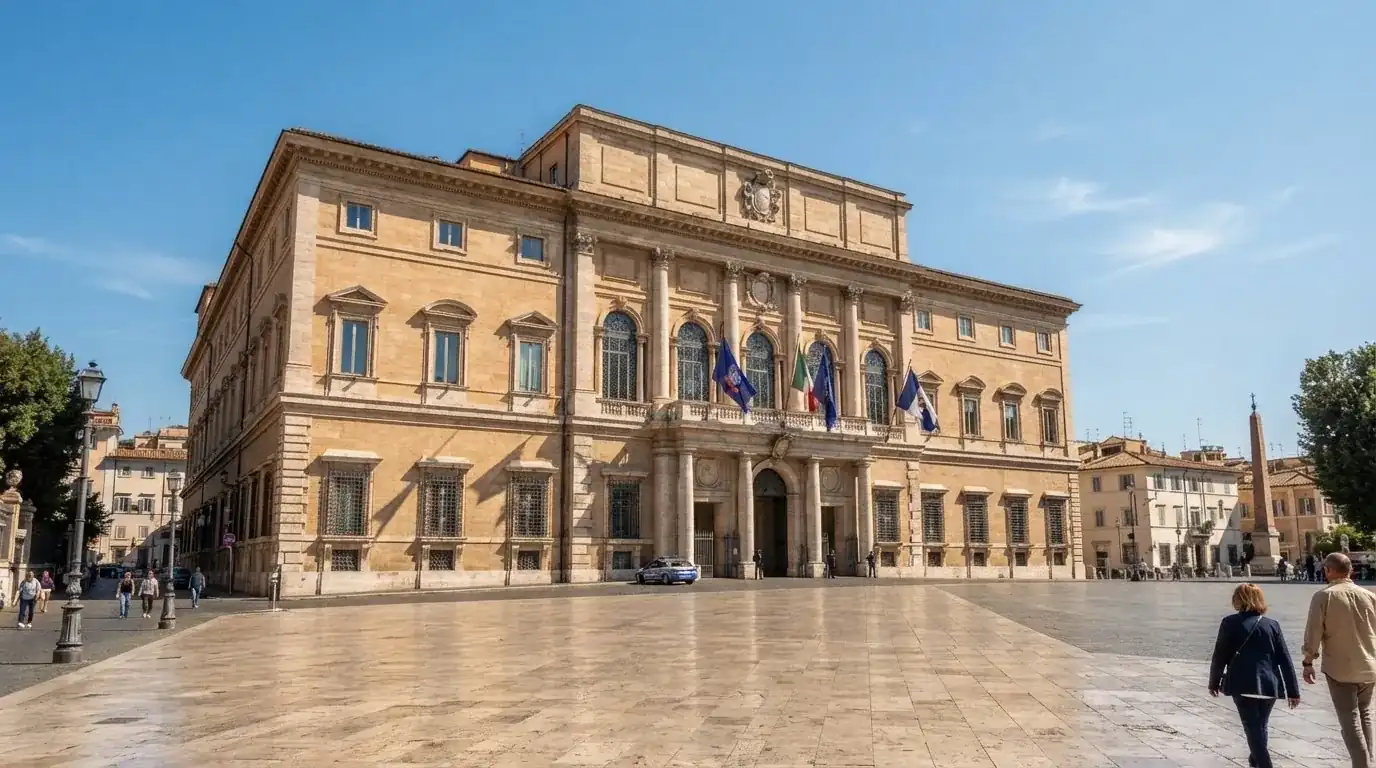 Palazzo istituzionale con bandiere al vento in una piazza soleggiata — casinò slot machines con rtp alto
