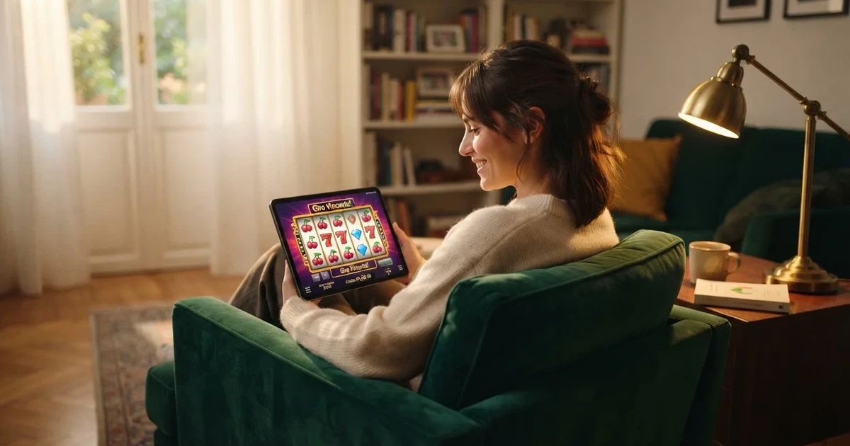 Una giovane donna sorride guardando lo schermo di un tablet appoggiato sulle ginocchia, comodamente seduta su una poltrona colorata.