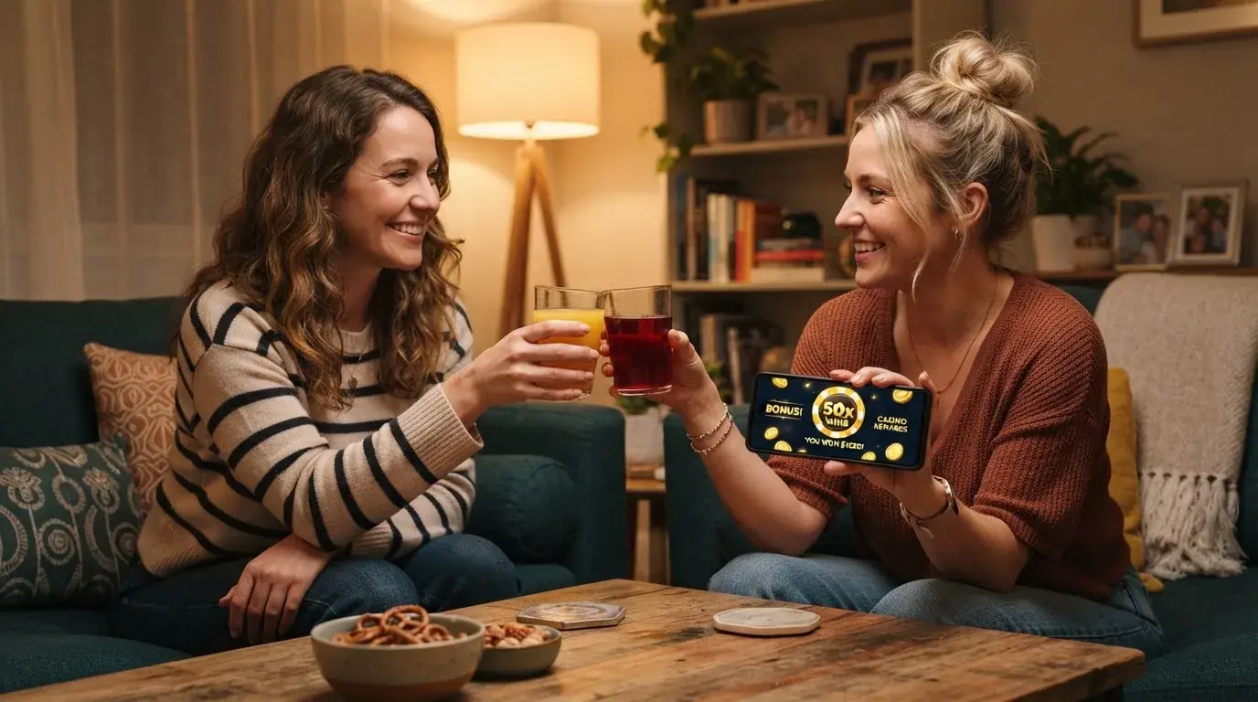 Due amici brindano con bicchieri di succo su un tavolino da salotto, sorridendo mentre uno tiene in mano uno smartphone.